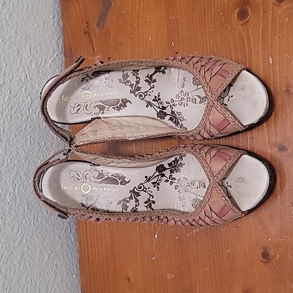 Jambu Sonya Sandals Women's 9 Brown Leather Woven Slingback Heels Preppy Boho